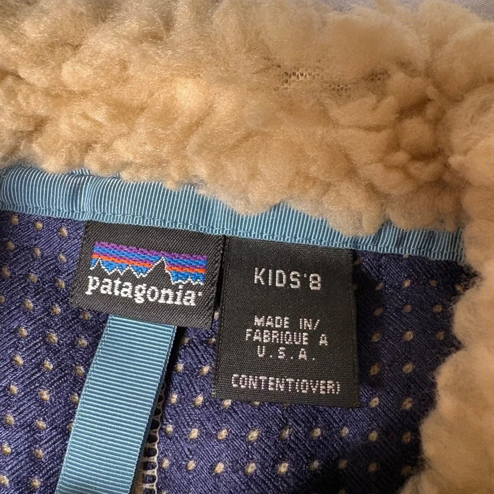 Patagonia Kids Retro-X Fleece Jacket Cream Navy Blue Vintage Made in USA Size 8